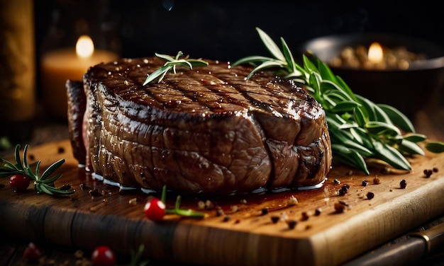 bife de carne grelhada médio raro bife em tábua de madeira foco selecionado