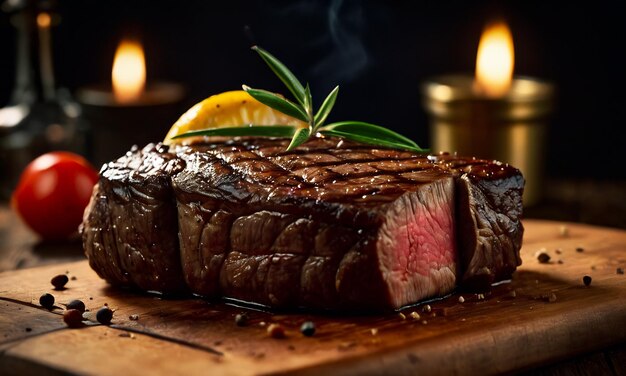 bife de carne grelhada médio raro bife em tábua de madeira foco selecionado