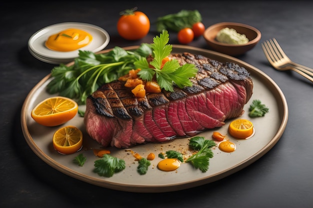 bife de carne wagyu grelhado com salsa e tangerinas generativo ai