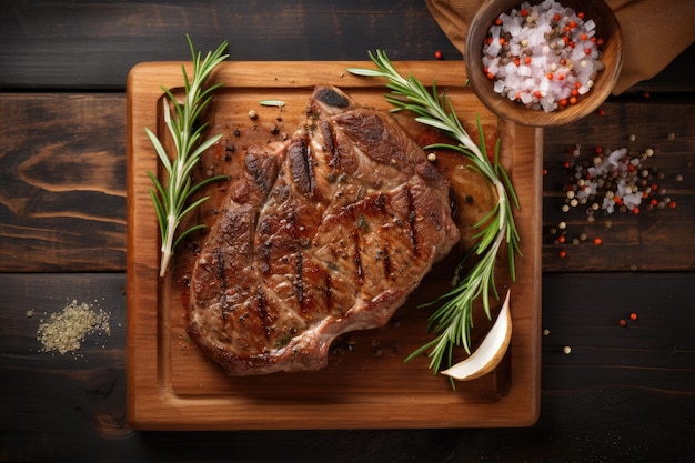 Bife de churrasco de carne grelhada em tábua de corte de madeira com alecrim e espaço de cópia Vista superior