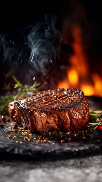 bife de costela cozido em fogo quente com fundo escuro