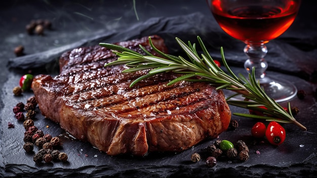 Bife de costela grelhado com ervas e especiarias de vinho vermelho em mesa de pedra IA generativa