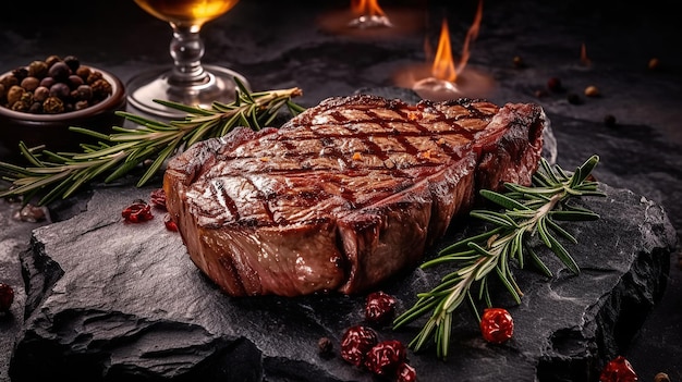 Bife de costela grelhado com ervas e especiarias de vinho vermelho em mesa de pedra IA generativa