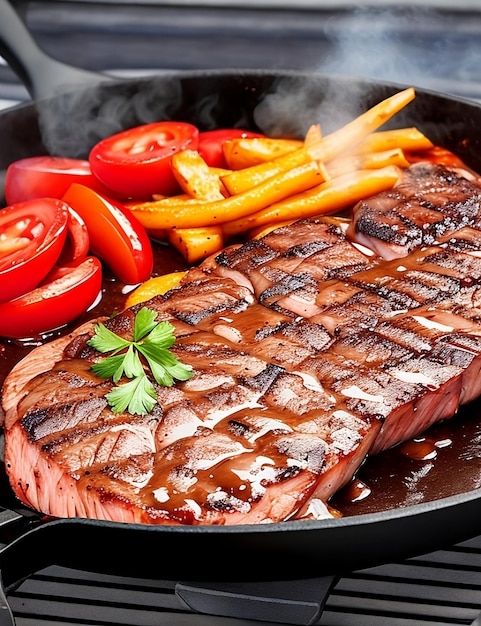 Bife de costela grelhado com legumes assados na hora, um delicioso prato de churrasco