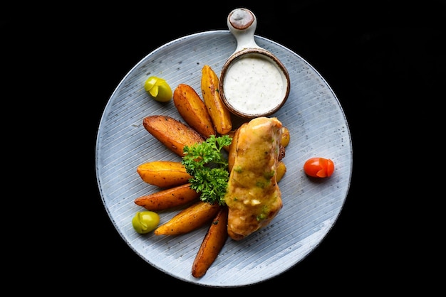 Bife de costeleta de frango com batatas fritas na placa azul isolada na vista superior de fundo preto