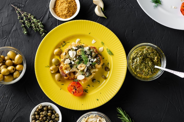 Bife de couve-flor assado com molho chimichurri flocos de amêndoa alcaparras em um prato amarelo Comida vegetariana Comida deliciosa alternativa