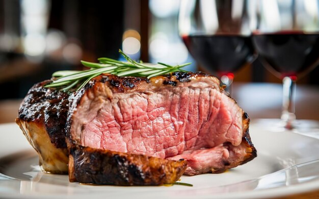 Bife de filete de carne em prato branco e vinho vermelho em bar ou restaurante