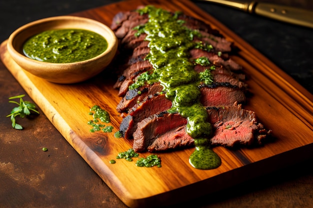 Bife de fraldinha malpassado, pedaço perfumado, cortado em pedaços e regado com molho na tábua de madeira