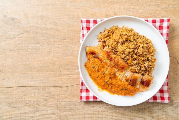 Bife de frango grelhado com molho de caril vermelho e arroz