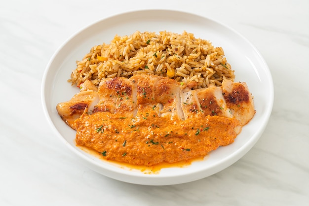 bife de frango grelhado com molho de curry vermelho e arroz - estilo de comida muçulmana