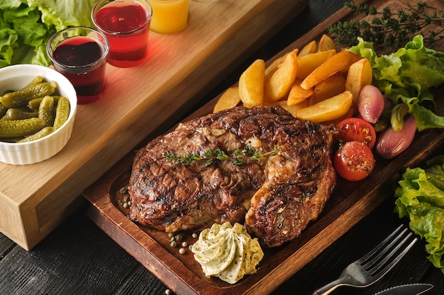 Foto bife de lombo com batatas, cebola e tomate cereja assado