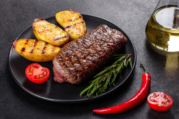 Bife de lombo com batatas, cebola e tomate cereja. Bife suculento com manteiga aromatizada