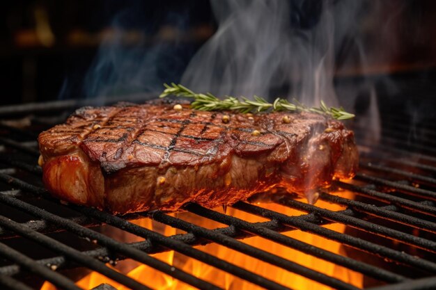 Foto bife de lombo na grelha quente com fumaça subindo