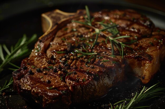 Bife de osso médio perfeitamente cozido adornado com alecrim fresco e grãos de pimenta preta em um elegante prato preto mostrando sua suculência e linhas carbonizadas