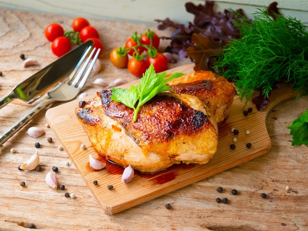 Bife de peito de frango serve na tábua de madeira para o conceito de jantar saudável