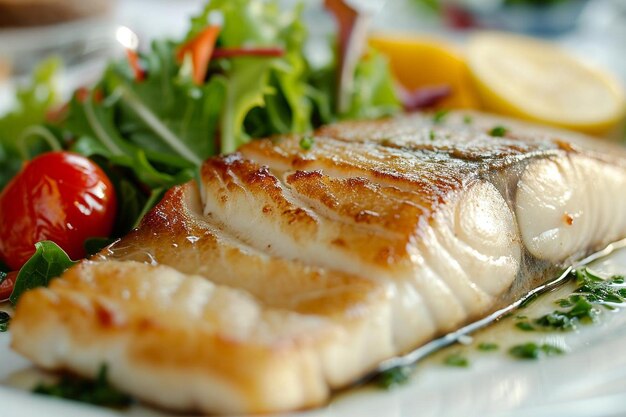 Bife de peixe e salada no prato com tampa de vidro nas costas brancas