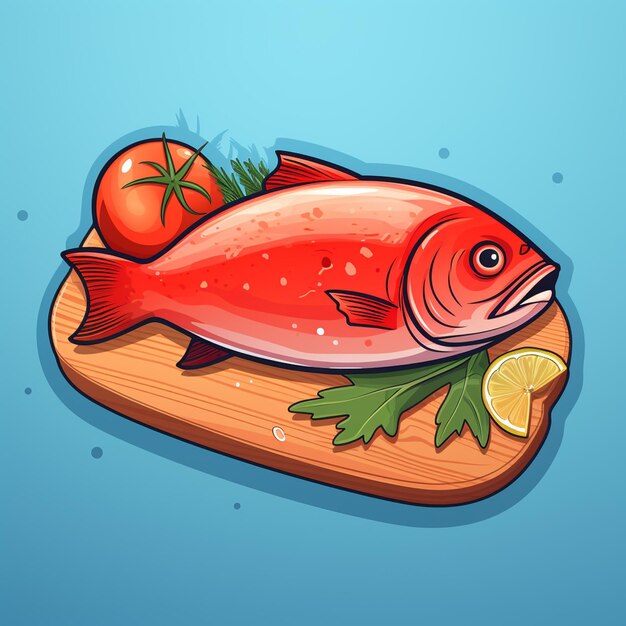 Foto bife de peixe em uma tábua de madeira azul com tomates