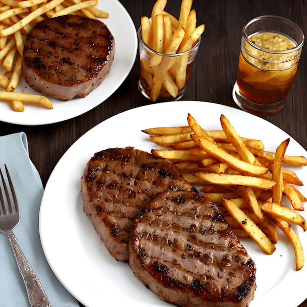 Bife de porco e batatas fritas arte generativa por IA