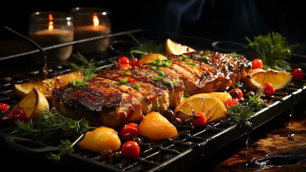 Bife de porco grelhado com legumes cozidos em panela de ferro fundido