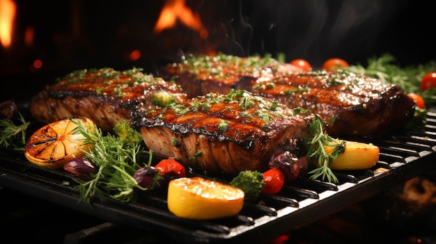 Bife de porco grelhado com legumes cozidos em panela de ferro fundido