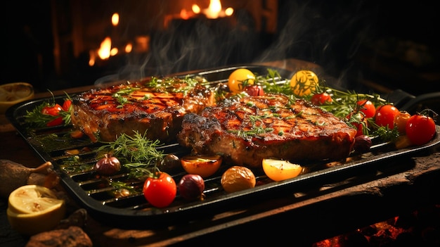 Bife de porco grelhado com legumes cozidos em panela de ferro fundido