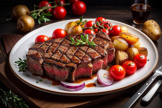 bife de ribeye com batatas cebolas tomates cereja bife suculento com manteiga aromatizada