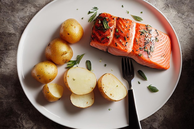 Bife de salmão delicioso cozido fresco com salada de batata de limão