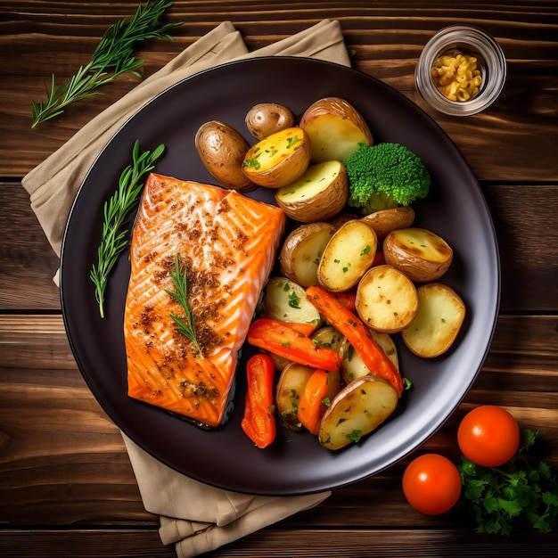 Bife de salmão frito com batatas e legumes na mesa de madeira