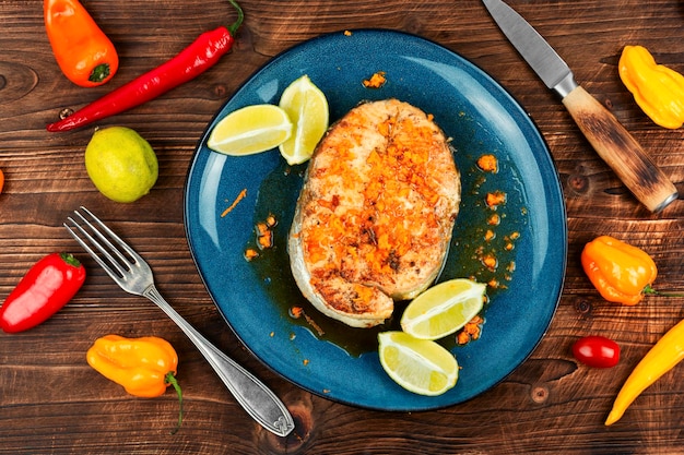 Bife de salmão frito em mesa de madeira