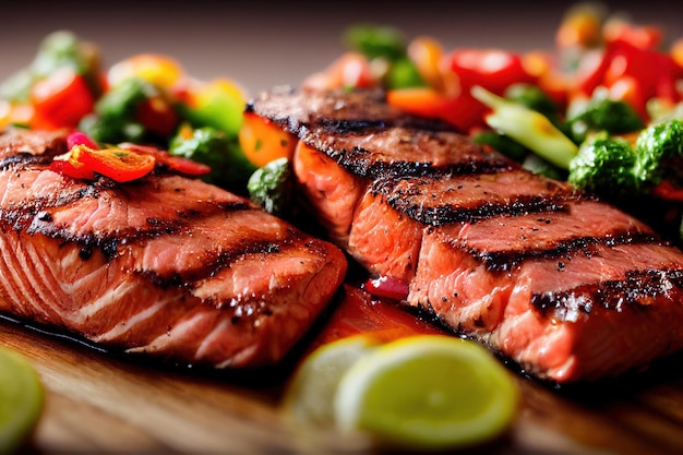 Bife de salmão grelhado no fundo desfocado