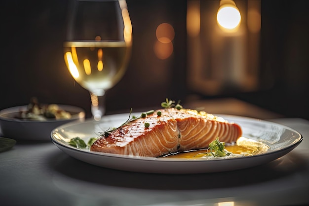 Bife de salmão no prato com vinho branco na mesa de madeira