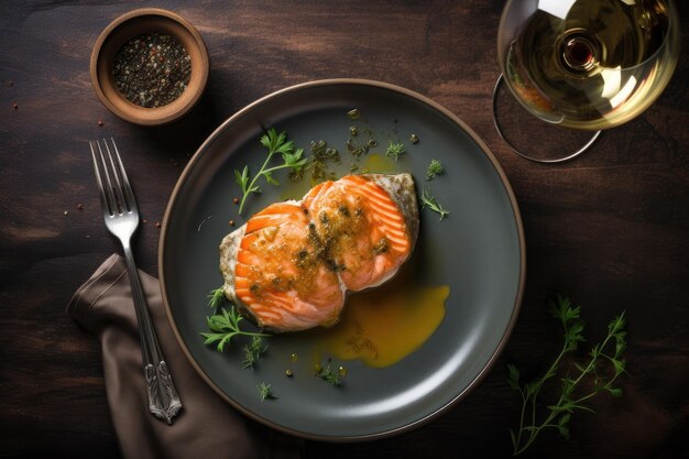 Bife de salmão no prato com vinho branco na mesa de madeira