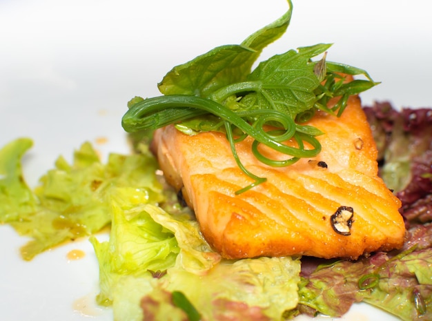 Foto bife de salmão servido com salada em prato de cerâmica