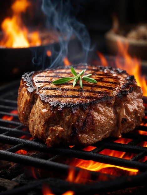 Bife de seitan ardente de 2 cm de altura grelhado em uma grelha rústica perfeitamente selada com chamas e fumaça