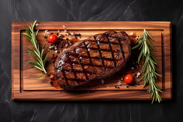 Bife de vaca Bife de vaca grelhado striploin malpassado na tábua de ardósia na mesa de pedra Vista de cima