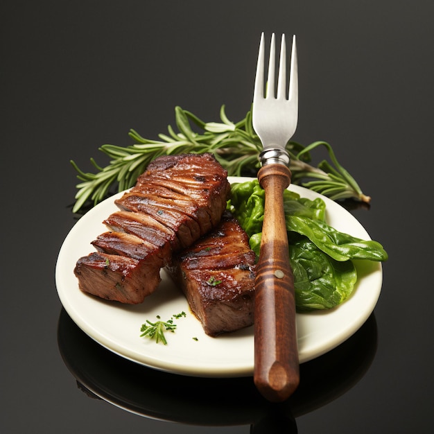 Bife deliciosamente grelhado com garfo em uma mesa de madeira, uma obra-prima de IA generativa