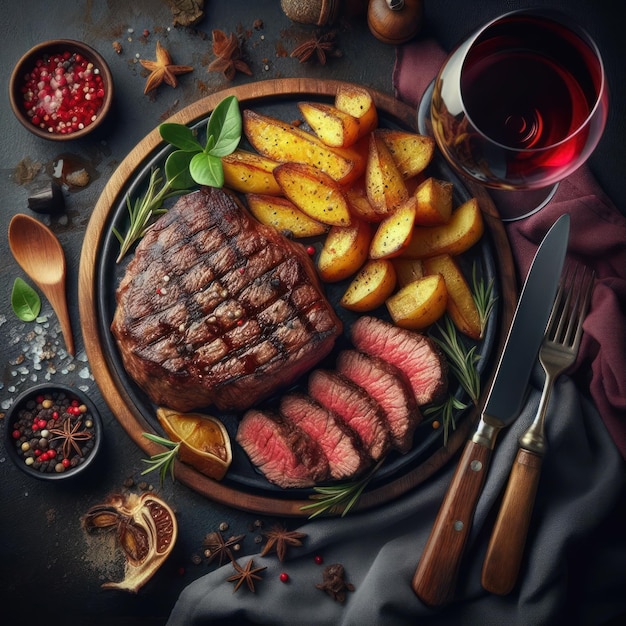 Bife e batatas assadas e vinho vermelho