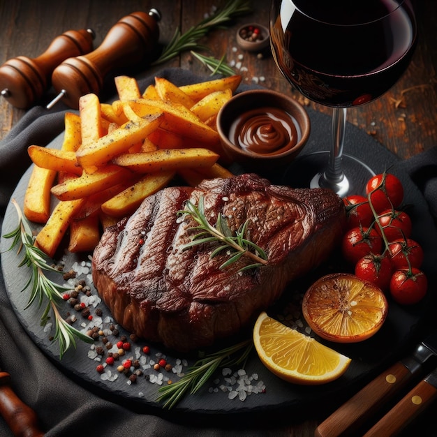 Bife e batatas fritas e vinho vermelho