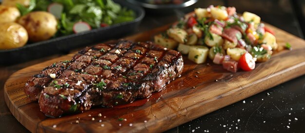 Foto bife e salada na tábua de cortar