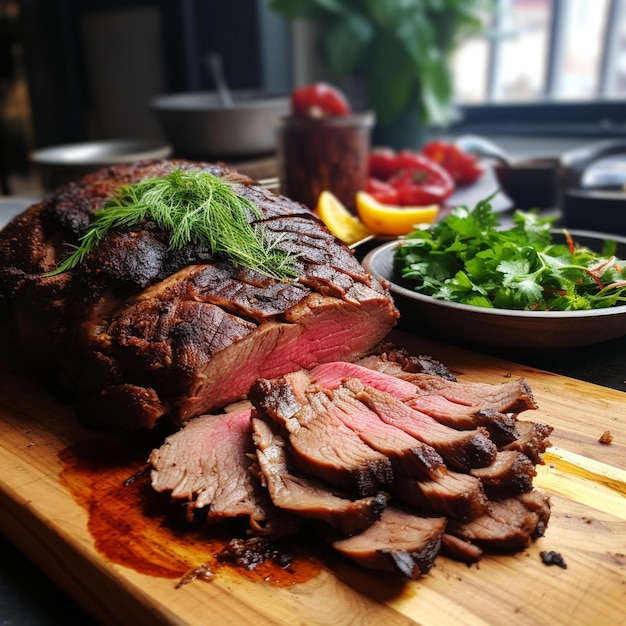 Bife em uma tábua com salada