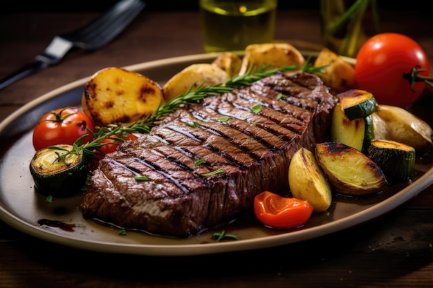 Bife frito com legumes grelhados servidos em um prato preto