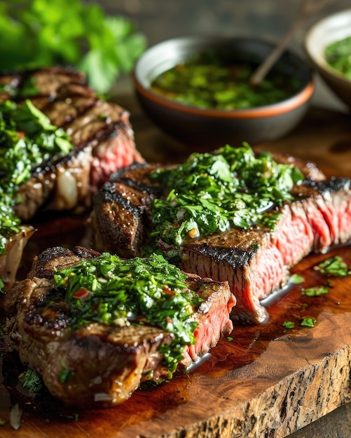 Foto bife grelhado coberto com molho fresco de chimichurri em uma tábua de corte de madeira pronto para servir