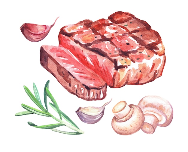 Bife grelhado com alecrim, cogumelos e tomate. Aquarela mão desenhada ilustração isolada no fundo branco.