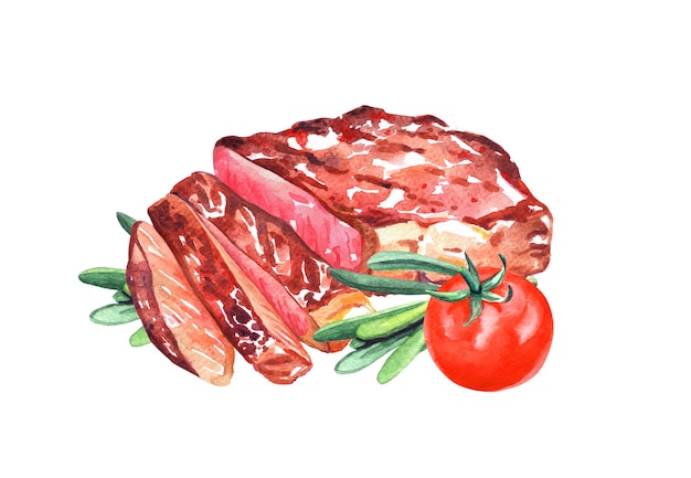 Bife grelhado com alecrim, cogumelos e tomate. Aquarela mão desenhada ilustração isolada no fundo branco.