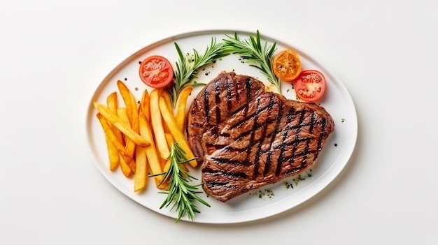 Bife grelhado com batatas fritas isolado na vista superior do fundo branco