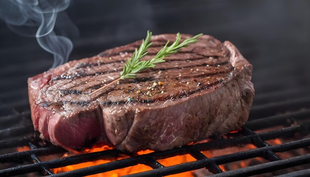 Bife grelhado com especiarias na grelha com fumaça