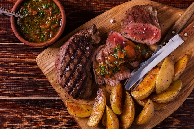 Bife grelhado com fatias de batata, salsa e especiarias.