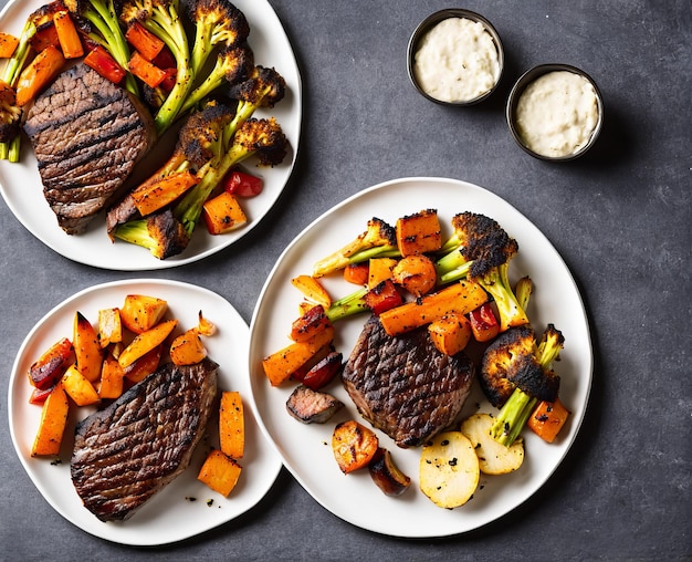 Bife grelhado com legumes e especiarias em um prato em uma vista superior de fundo branco