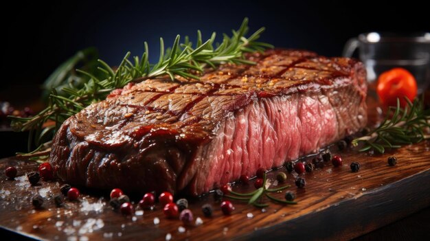 Bife grelhado com molho de churrasco derretido em um fundo preto e desfocado