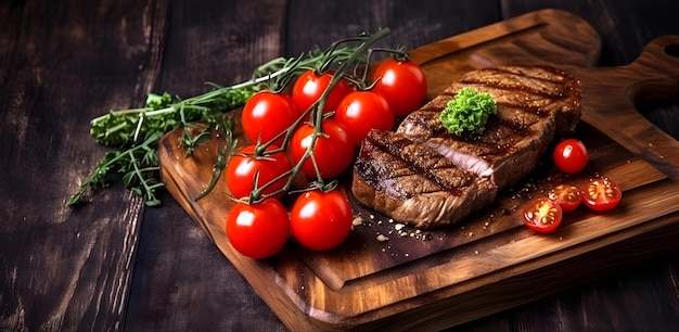 Bife grelhado com tomate cereja na tábua de madeira Generative AI